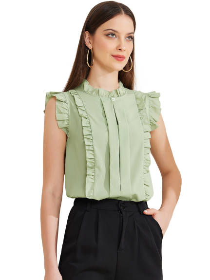 Allegra K - Ruffle Mock Neck Sleeveless Pleated Blouse