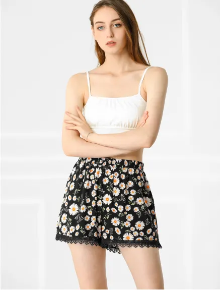 Allegra K - Elastic Waist Lace Trim Summer Floral Shorts