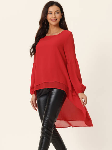 Allegra K- Lantern Long Sleeve High Low Asymmetrical Irregular Hem Top