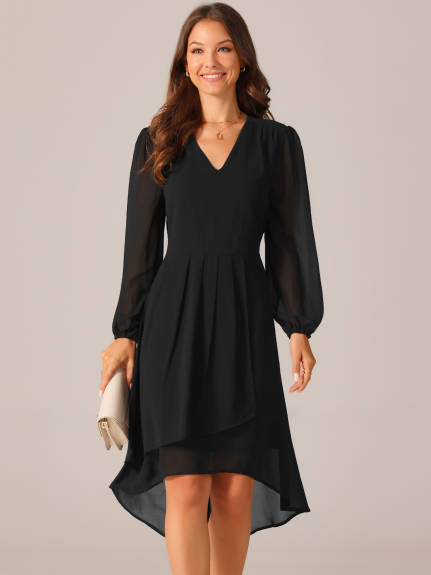 Allegra K - V Neck Lantern Sleeve Pleated Midi Dress