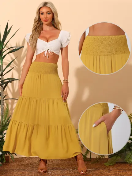 Allegra K- Elastic High Waist Boho Tiered Summer Maxi Skirt