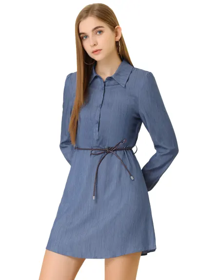 Allegra K- Puff Long Sleeve Belted Chambray Dress