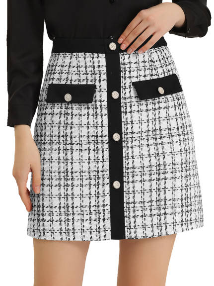 Allegra K- Plaid Tweed Button Decor Mini Skirt