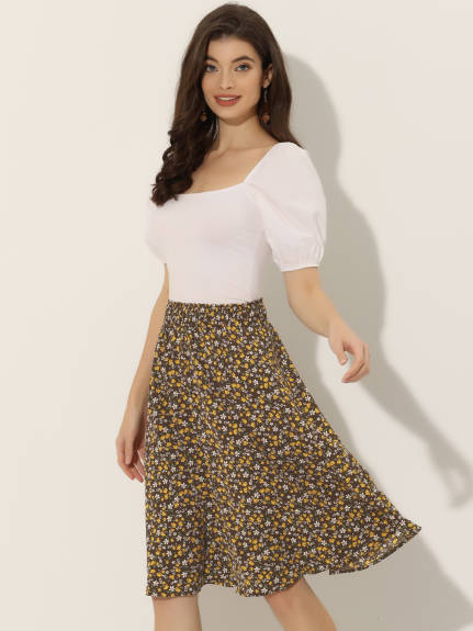 Allegra K- Floral Printed Knee Length A-Line Skirt