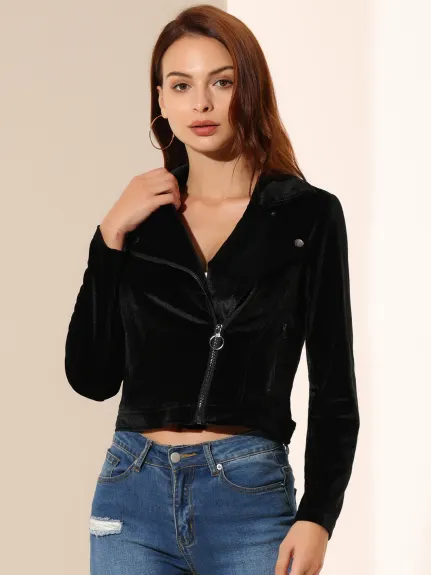 Allegra K- Velvet Zipper Lapel Collar Moto Biker Jacket