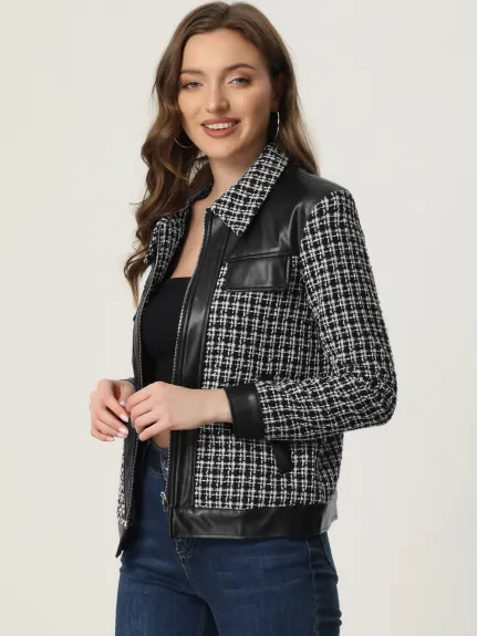 Allegra K - Vintage Leather Stitching Plaid Tweed Jacket