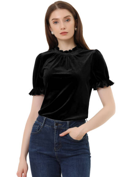 Allegra K- Ruffle Collar Short Sleeve Velvet Blouse