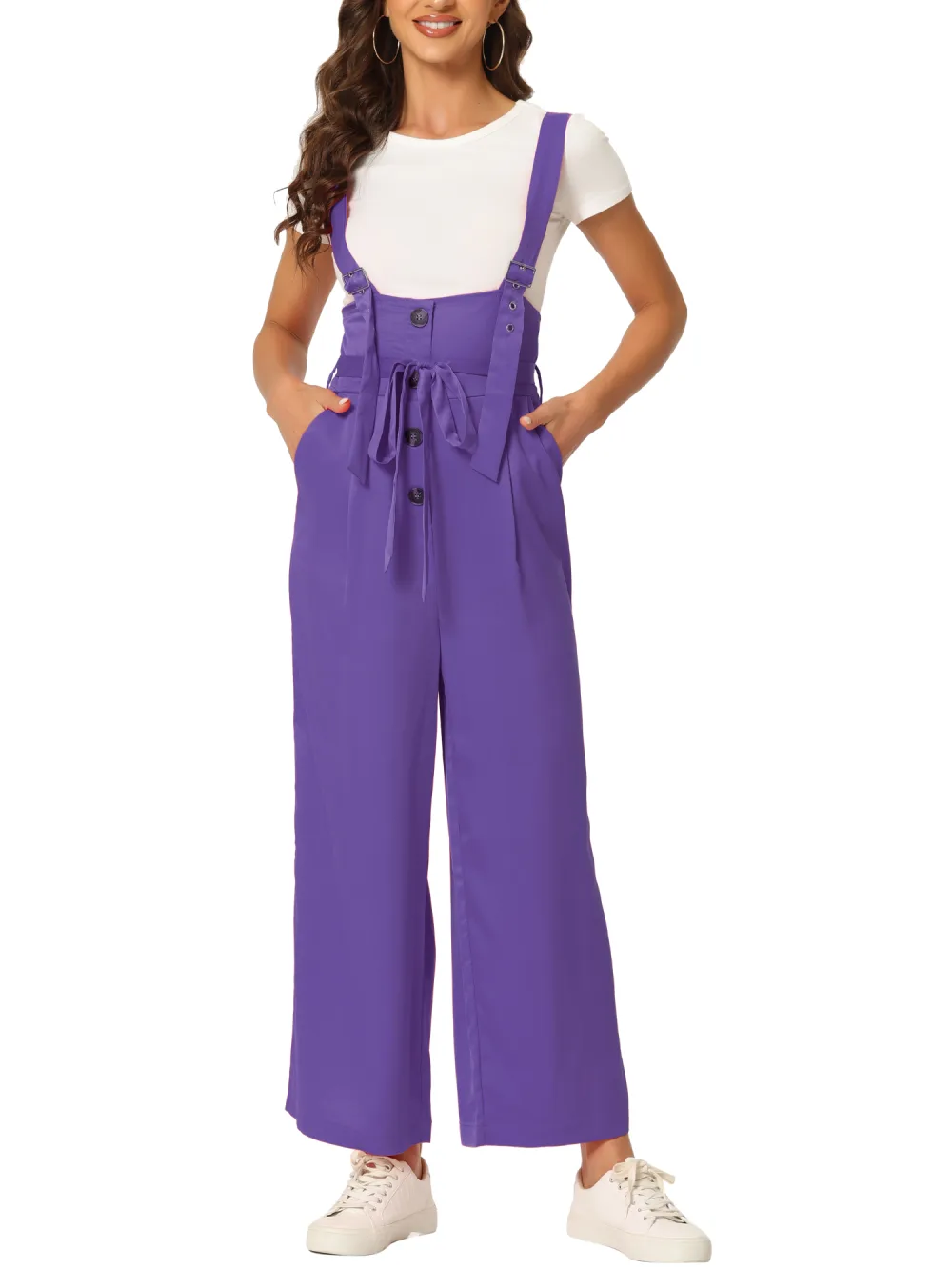 Allegra K- Wide Leg Belted Button Jumpsuit Overall