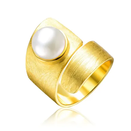 Genevive Sterling Silver 14k Gold Plated with Genuine Freshwater Pearl Modern Ring