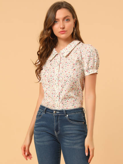 Allegra K- Puff Sleeve Turndown Collar Floral Blouse