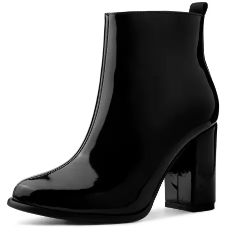 Allegra K- Round Toe High Heels Glossy Ankle Boots