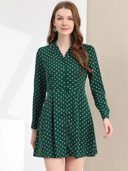 Allegra K- Polka Dots Notched Lapel V-Neck Shirt Dress