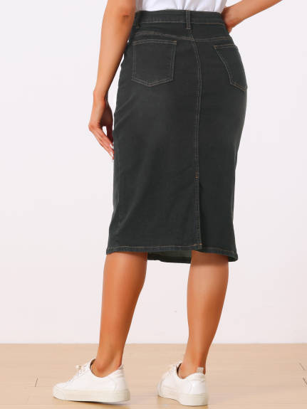 Allegra K- High Waist Split Back Denim Midi Skirt