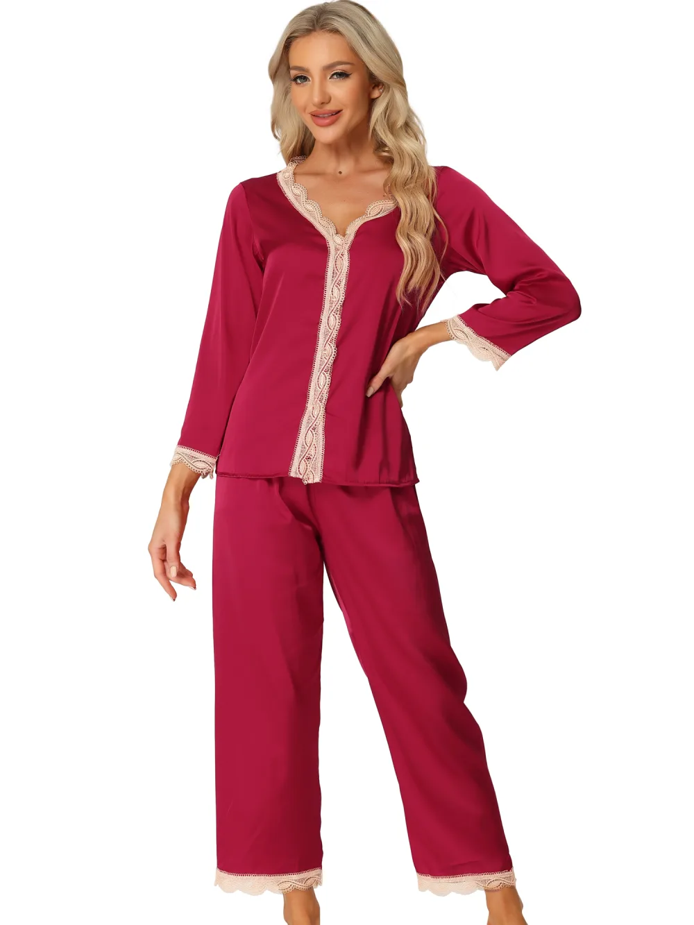 cheibear - Lace Trim Satin Pajama Set