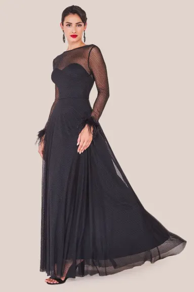 Goddiva - Dobby Mesh Feather Sleeve Hem Maxi Dress