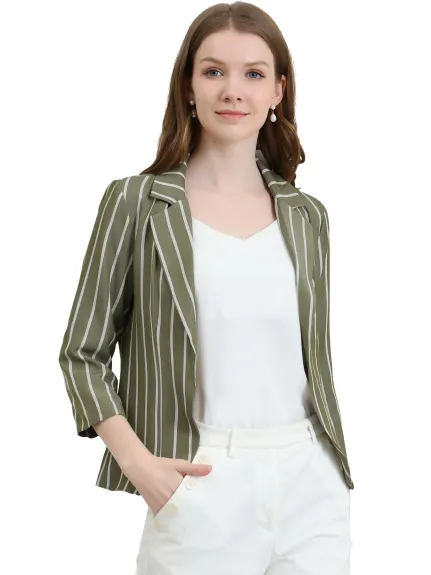 Allegra K- Casual Striped 3/4 Sleeves Open Front Notched Lapel Blazer