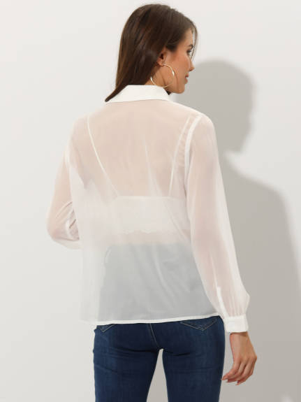 Allegra K- Button Up See Through Mesh Shirt