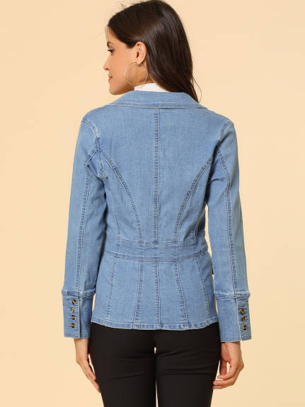 Allegra K- Notched Lapel Button Denim Jacket with Pockets