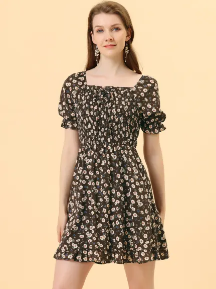 Allegra K- Puff Sleeve Square Neck Ruffled Hem Floral Smocked Dress