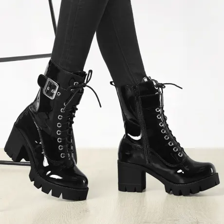 Allegra K- Zip Platform Chunky Heel Combat Boots