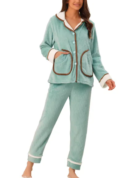 cheibear - Button Top and Pants Flannel Pajamas Set