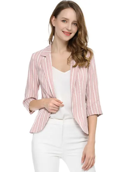 Allegra K- Casual Striped 3/4 Sleeves Open Front Notched Lapel Blazer