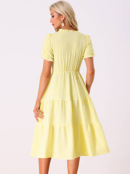 Allegra K- Gingham Ruffle Trim V Neck Button Dress