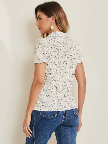 Allegra K - Polka Dots Short Sleeve Button Up Blouse