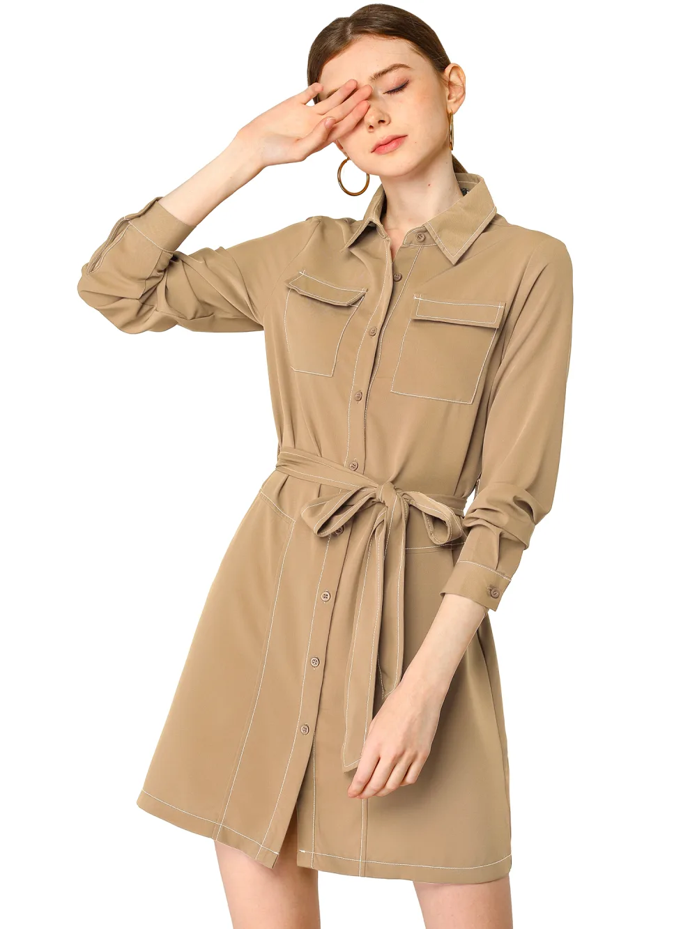 Allegra K- Button Up Belted Long Sleeve Shirt Dress