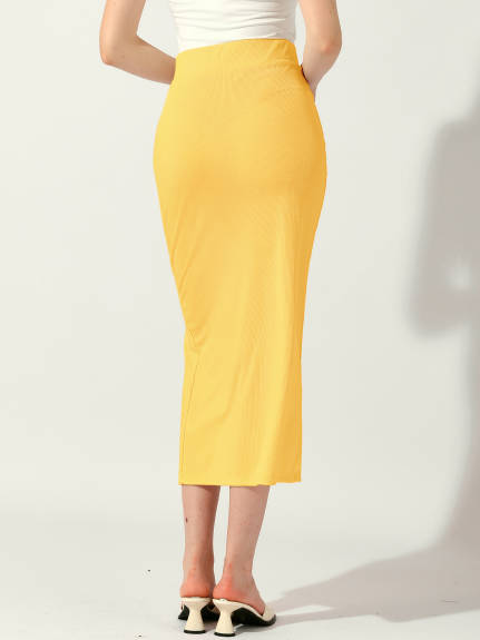 Allegra K - Side Split Ribbed Knit Pencil Skirt