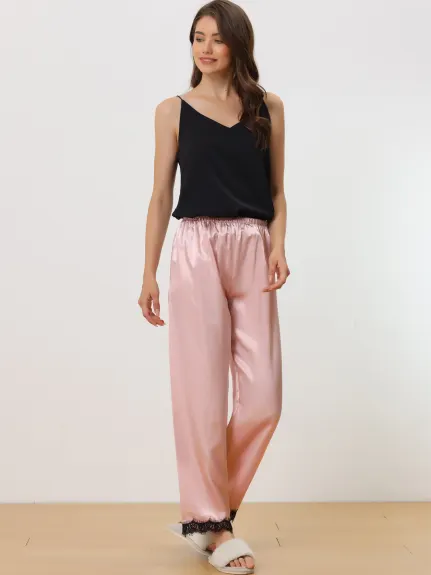 cheibear - Satin Wide-leg Lace Trim Sleep Pants