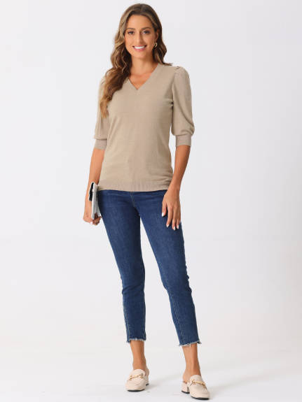 Allegra K - V Neck Puff Sleeve Knit Blouse