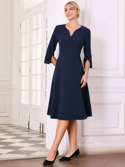 Hobemty - V-Neck 3/4 Sleeve A-Line Midi Dress