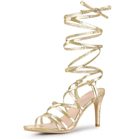 Allegra K - Snakeskin Print Lace Up Heeled Sandals