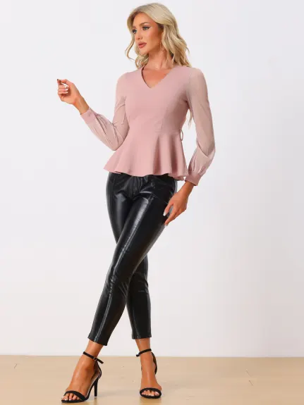 Allegra K - Mesh Long Sleeve Peplum Top with Belt