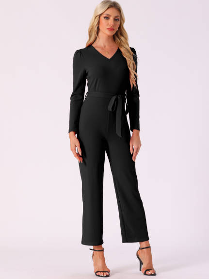 Allegra K - V Neck Long Sleeve Tie Waist Jumpsuit