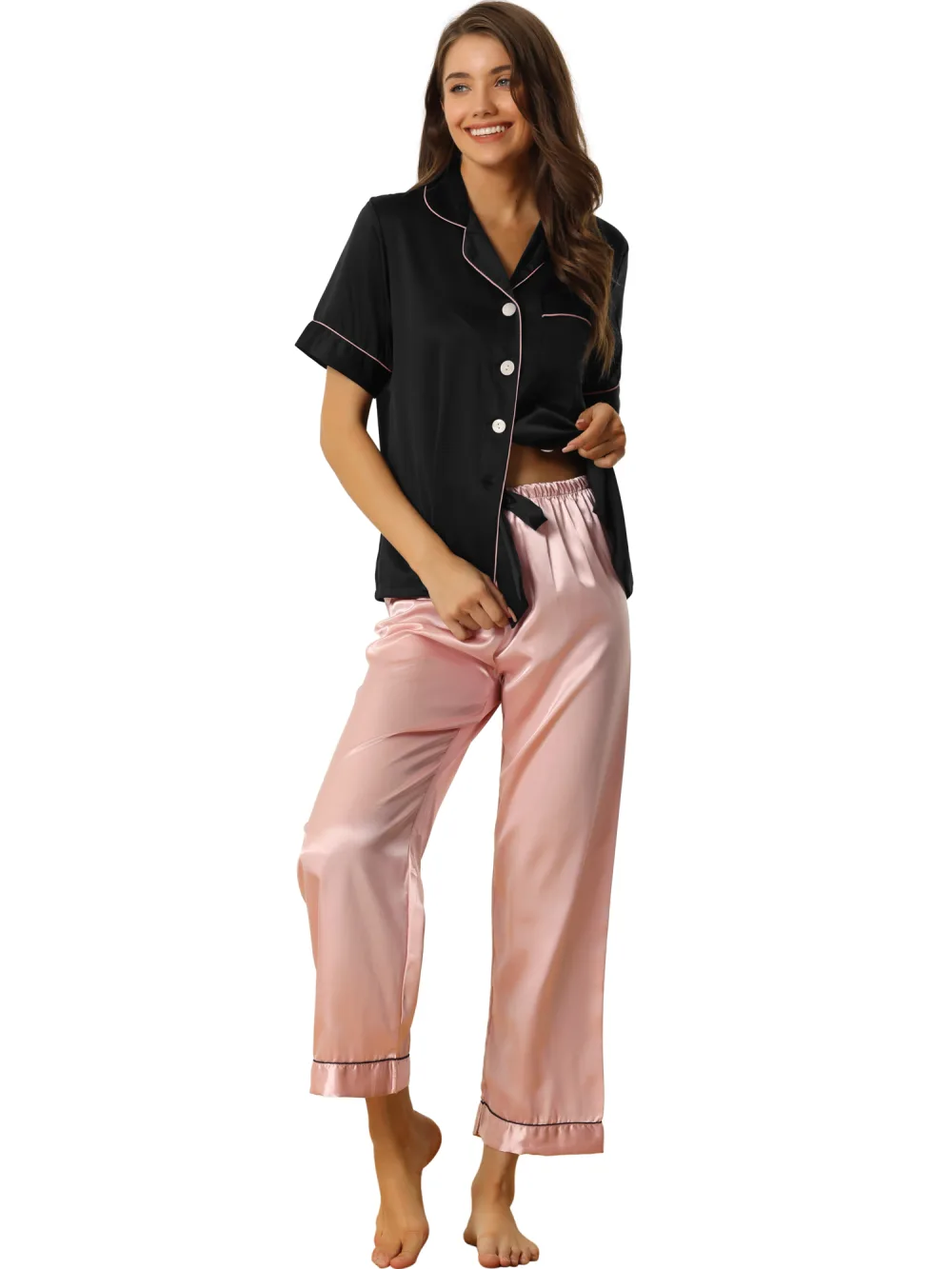 cheibear - Polka Dots Button Down Satin Sleepwear Set