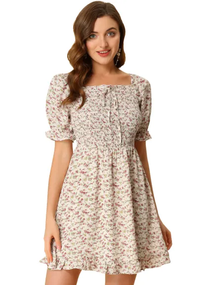 Allegra K- Puff Sleeve Square Neck Ruffled Hem Floral Smocked Dress