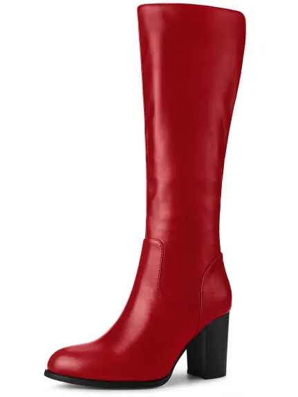 Allegra K- Round Toe Block Heel Faux Leather Knee Boots