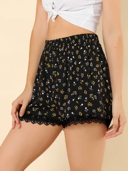 Allegra K - Summer Floral Printed Lace Trim Beach Shorts