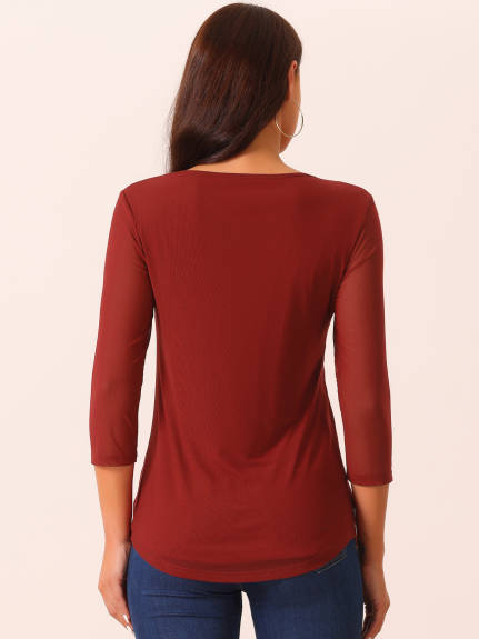 Allegra K - Crewneck 3/4 Sleeve Pleated Tunic Tops