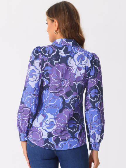 Allegra K - Floral Print Long Puff Sleeve Shirt