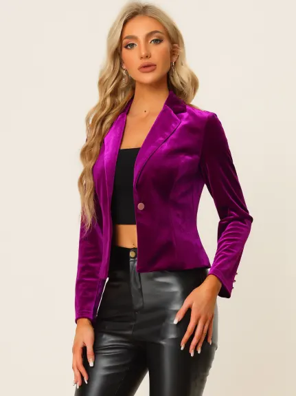 Allegra K- 1 Button Velvet Blazer Lapel Crop Suit Jacket