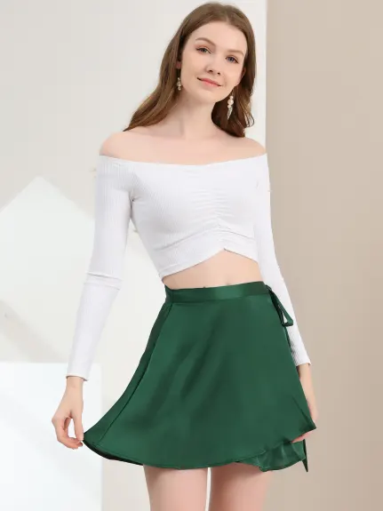 Allegra K- Satin Mini Wrap Skater Skirt