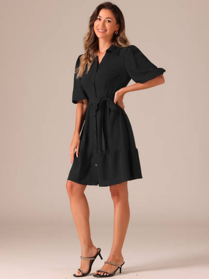 Allegra K - Robe chemise à manches bouffantes ceinturée