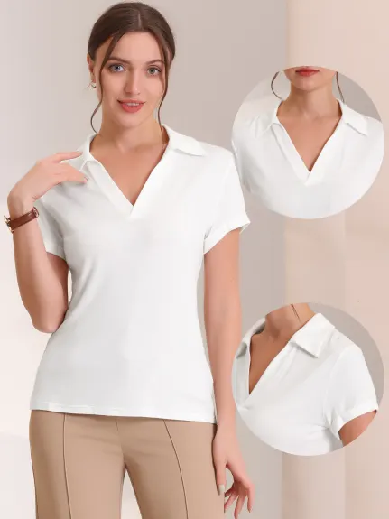 Allegra K- V Neck Polo Collared Blouse