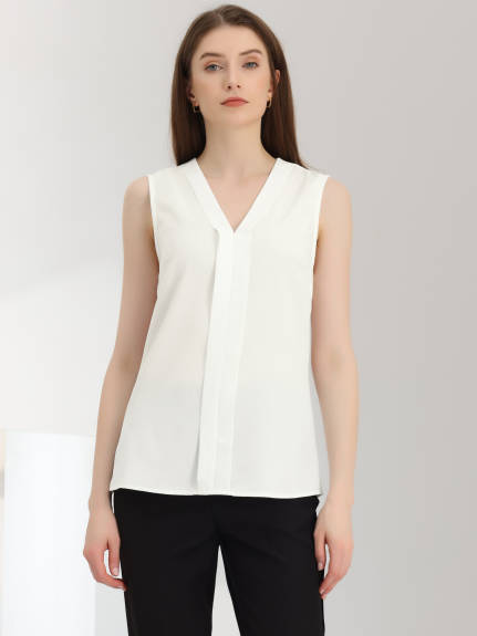 Allegra K - Pleated Front V Neck Sleeveless Work Blouse