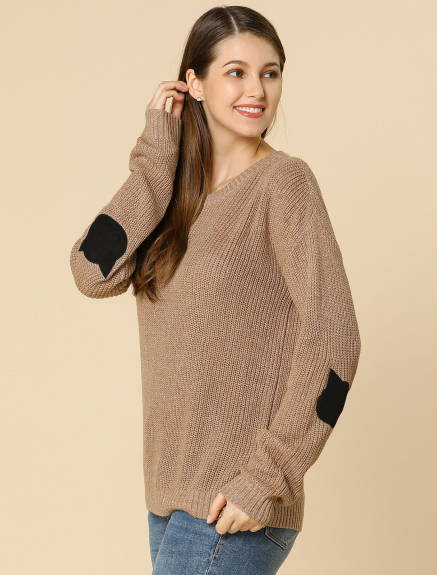 Allegra K- Drop Shoulder Elbow Cat Patch Loose Pullover Sweater