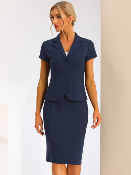 Allegra K- 2 Piece Suit Set Short Sleeve Blazer Jacket Pencil Skirt