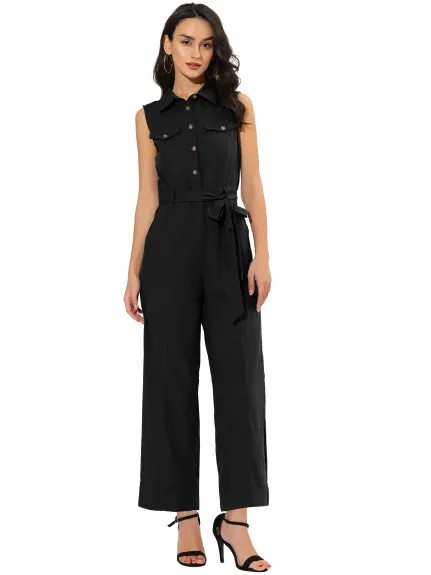 Allegra K- Sleeveless Collared Tie Waist Coverall Button Down Jumpsuit